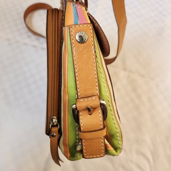 Fossil 100% Leather Beige/ Multicolor Strips Crossbody Bag - Picture 7 of 16